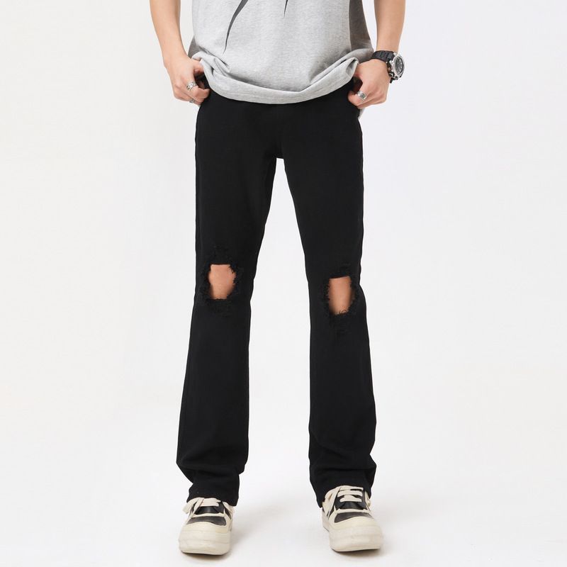 LKTM Wear # American High Street Black Perforated Jeans Men's Vibe Trendy Brand Slim Fit Versatile Show Thin Micro Pull 25B_mkmklike.com