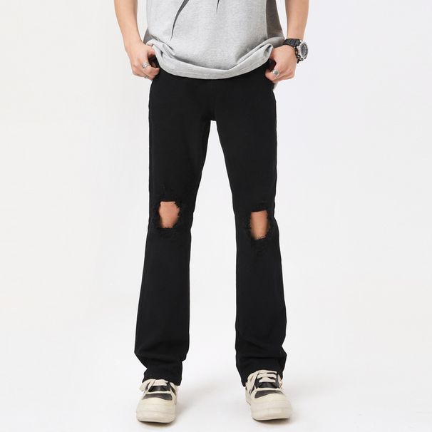 LKTM Wear # American High Street Black Perforated Jeans Men's Vibe Trendy Brand Slim Fit Versatile Show Thin Micro Pull 25B_mkmklike.com