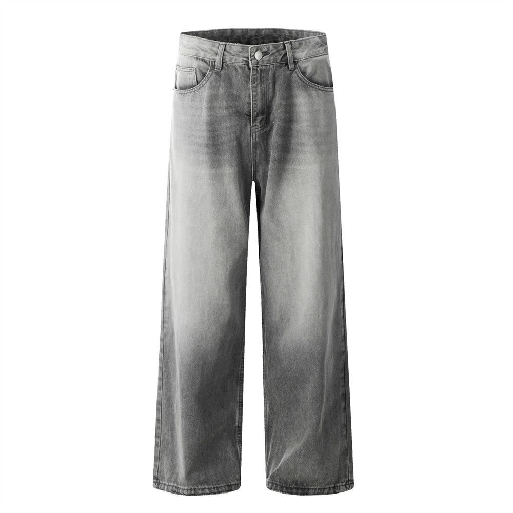 Heavy-duty Washed Gradient Denim Straight-leg Men's Long Pants Street Fashion Punk Frayed Distressed White-washed Loose_mkmklike.com