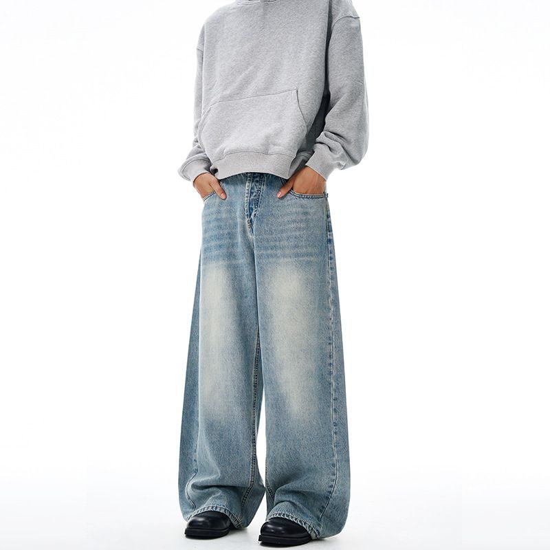 Men's American Classic Washed Denim Jeans Cat Whisker Blade Cuts Baggy Tapered Loose Fit Straight Leg Jeans for Men And Women_mkmklike.com