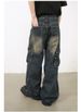 Retro Patchwork Zipper Workwear Style Multi-pocket Loose Washed Denim Jeans Trendy_mkmklike.com