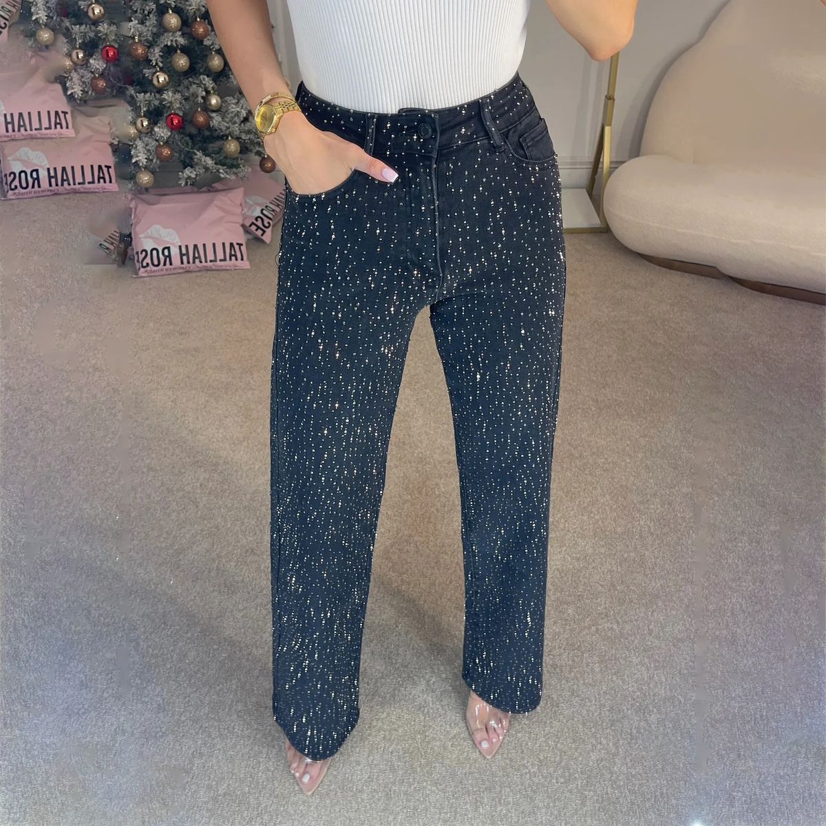 Women's Clothing Street Style Design Full Diamond Straight Jeans Women Spring And Summer Style High Waist Versatile Pants Women's Denim_mkmklike.com
