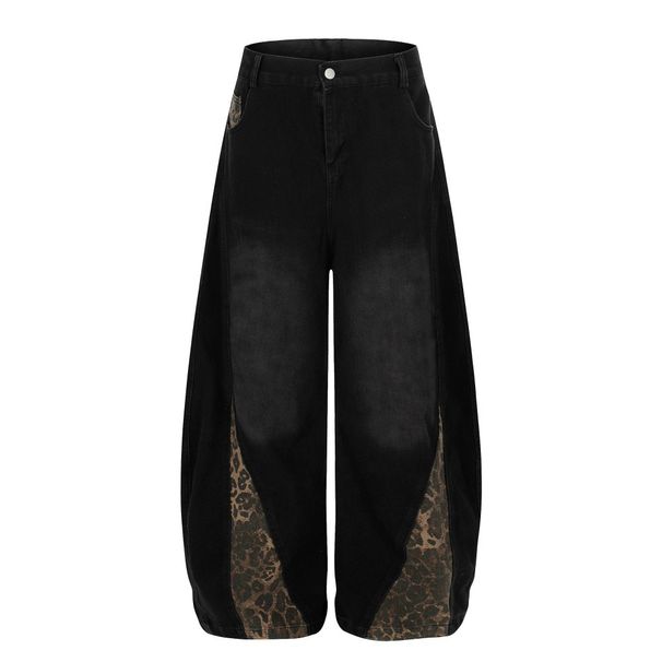 Leopard Print Patchwork Scimitar Jeans For Men Washed Vintage Punk Loose Wide-Leg Pants Deconstructed Design_mkmklike.com