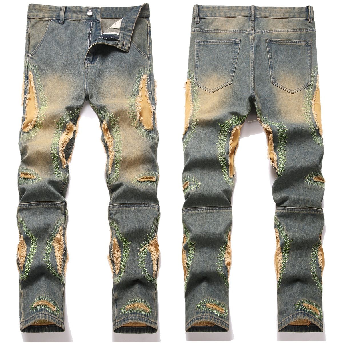 Distressed Retro Design Ripped Jeans Summer New Style Harajuku Straight Slim Men's Small Straight Trousers_mkmklike.com