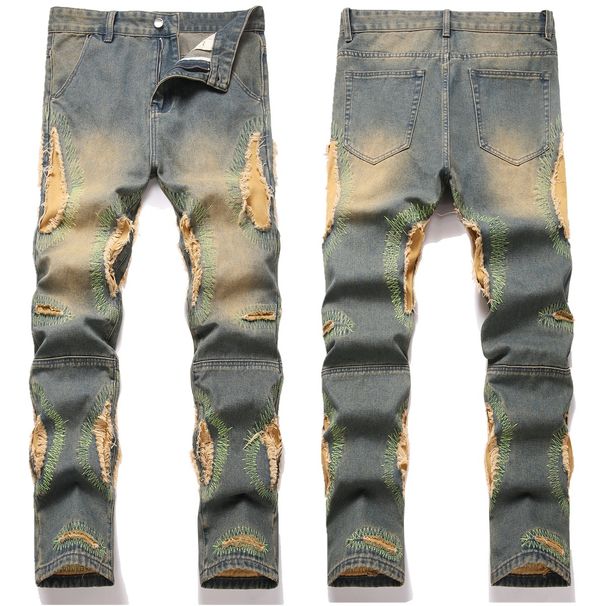 Distressed Retro Design Ripped Jeans Summer New Style Harajuku Straight Slim Men's Small Straight Trousers_mkmklike.com
