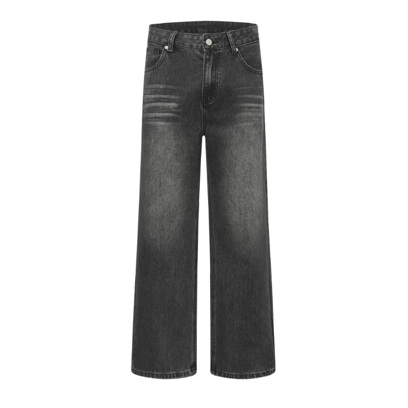 Men's Clothing Retro Distressed Washed Gradient Jeans Classic Straight Leg Trendy Loose Unisex Long Trousers_mkmklike.com