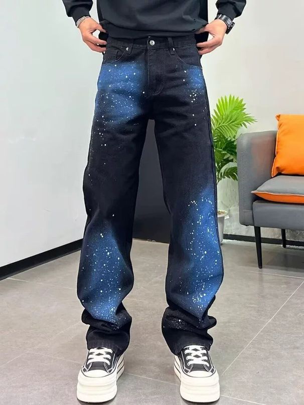Men's Stylish Loose Straight Leg Jeans Graffiti Print Streetwear Pants Starry Design Casual Wear_mkmklike.com