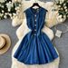 Women's Clothing Sleeveless Vest Denim Skirt Waist Slimming Heavy Beaded Single Breasted Pleated Dress_mkmklike.com