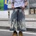 Hip Hop Retro Lightning Pattern Denim Shorts – Unisex Loose Wide Leg Capri Pants, Streetwear Export Style_mkmklike.com