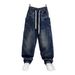 Men's Relaxed Fit Straight Leg Jeans - Vintage Washed Blue-Gray Denim Pants With Utility Stitching & Rope Tie Closure_mkmklike.com