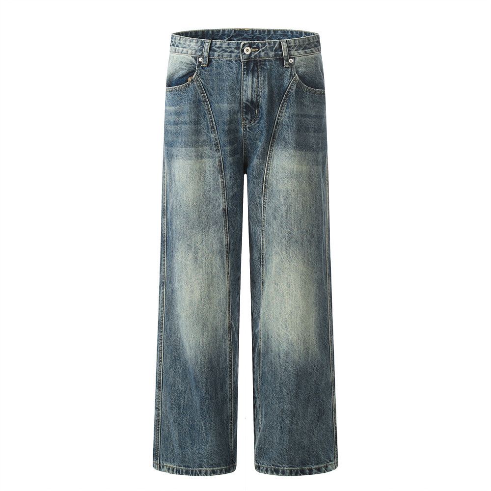 Distressed Washed Gradient Denim Loose Wide-Leg American Street Style Men's Dad Split Patchwork Straight Long Pants_mkmklike.com