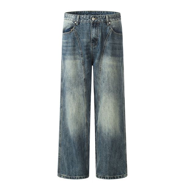 Distressed Washed Gradient Denim Loose Wide-Leg American Street Style Men's Dad Split Patchwork Straight Long Pants_mkmklike.com