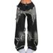 Women's Star Patchwork Heavy Duty Washed Denim Jeans Retro American Frayed Edges Wide Straight Leg Design_mkmklike.com