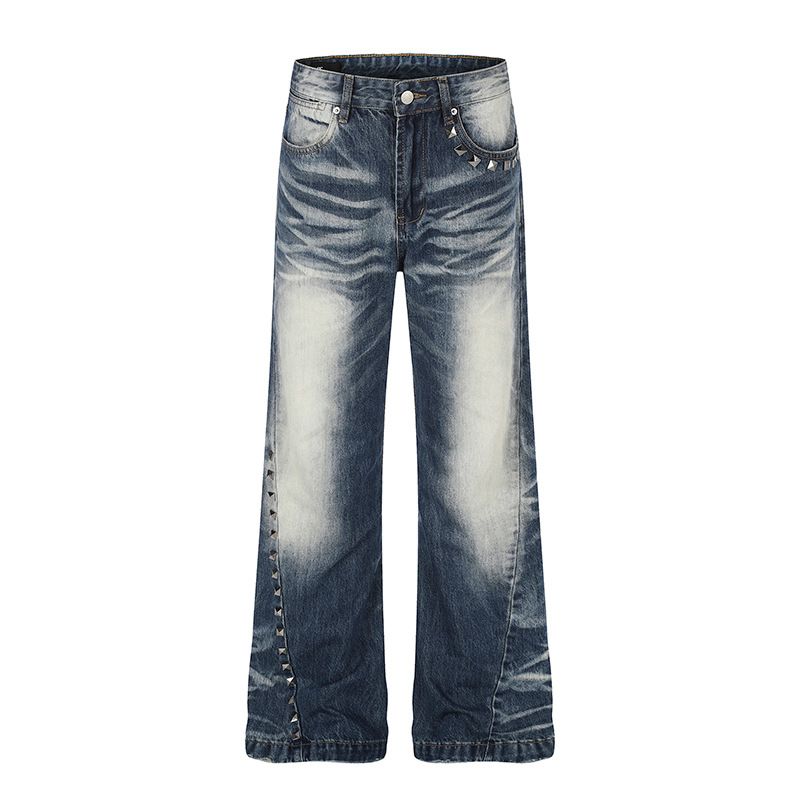 Unisex Vintage American Retro Streetwear Jeans | Light Wash Distressed Flared Bootcut Denim Pants With Studded Details_mkmklike.com