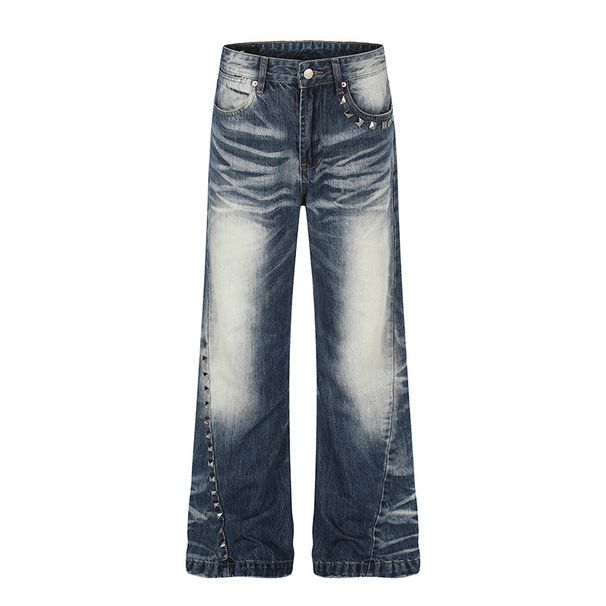 Unisex Vintage American Retro Streetwear Jeans | Light Wash Distressed Flared Bootcut Denim Pants With Studded Details_mkmklike.com
