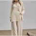Women's Clothing long sleeved temperament commuter skin color linen solid color slit long shirt and wide leg pants set_mkmklike.com