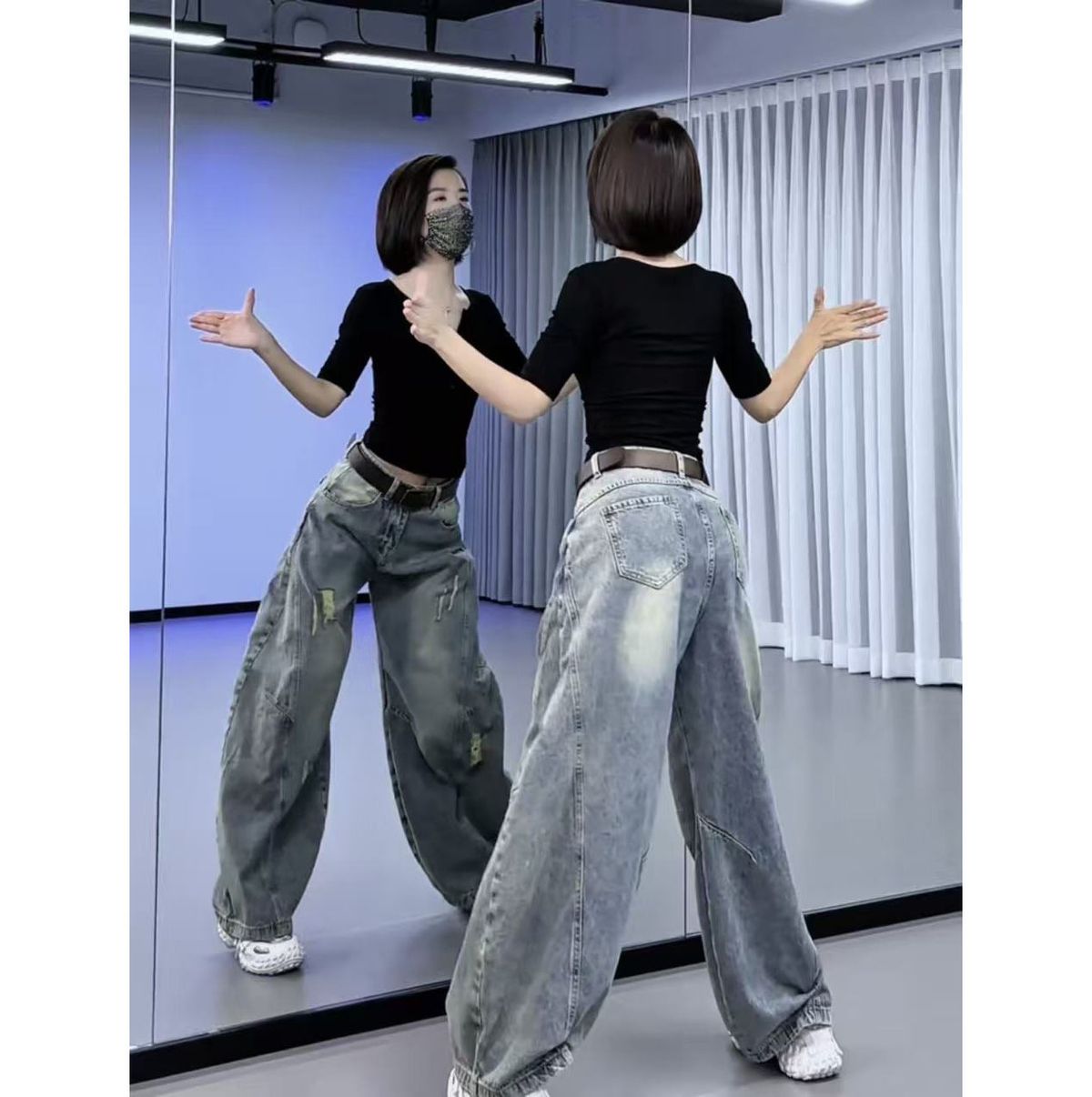 Women's High-Waisted Wide Leg Jeans Retro Washed Distressed Scimitar Design Floor-Length Pants Flowy Petite Fit Autumn/Winter Style_mkmklike.com