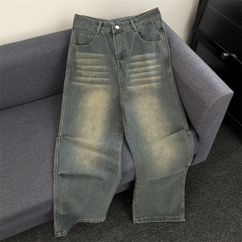 Men's Vintage Washed Wide-Leg Jeans – Oversized Streetwear Denim Pants With Distressed Effects (S-3XL, Blue)_mkmklike.com