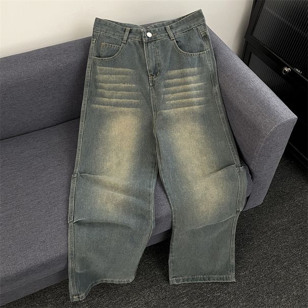 Men's Vintage Washed Wide-Leg Jeans – Oversized Streetwear Denim Pants With Distressed Effects (S-3XL, Blue)_mkmklike.com