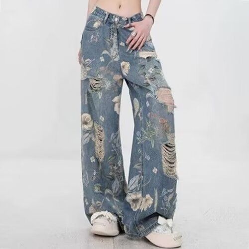 Women's Clothing Retro Printed Ripped Jeans Women's Loose Straight Leg All Match Mopping Wide Leg Pants_mkmklike.com