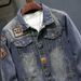 Spring And Autumn Vintage Denim Jacket For Men, Trendy Loose Fit Plus Size Men's Top, Fashionable Workwear Jacket,_mkmklike.com