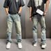 Retro Washed Distressed Denim Jeans High End Men's Spring Summer Trendy Loose Fit Cool And Edgy Wasteland Colored Straight Leg_mkmklike.com