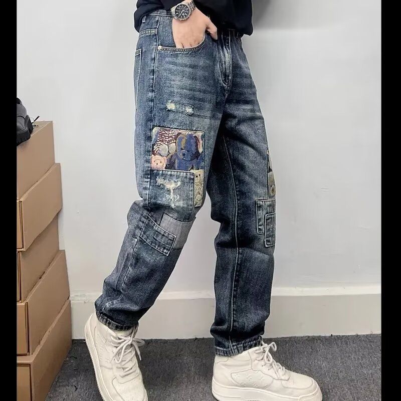 Men's Slim Fit Stretch Jeans Patch Embroidered Distressed Casual Trousers High End Retro Style Spring Trend_mkmklike.com