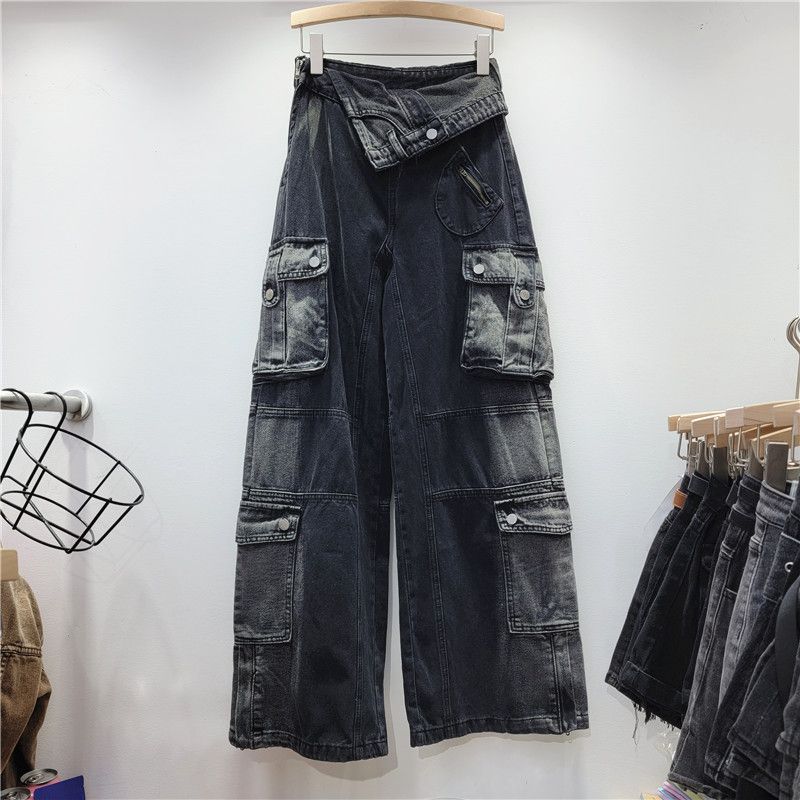 Women's clothing autumn new high waist personality pocket workwear denim straight pants women's loose slim wide leg pants cross-border trend_mkmklike.com