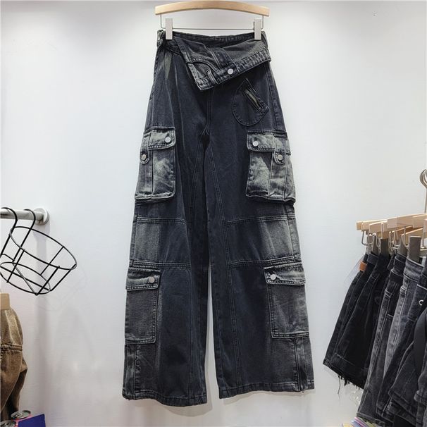 Women's clothing autumn new high waist personality pocket workwear denim straight pants women's loose slim wide leg pants cross-border trend_mkmklike.com