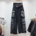Women's clothing autumn new high waist personality pocket workwear denim straight pants women's loose slim wide leg pants cross-border trend_mkmklike.com