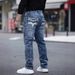 High Street Men's Jeans Nostalgic Color Embroidery Elastic Slim Small Straight Casual Men's Trousers_mkmklike.com
