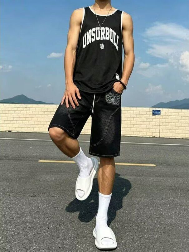 Men's Patchwork Denim Shorts, Loose Fit Cargo Knee-Length Shorts With Multiple Pockets For Casual Streetwear_mkmklike.com