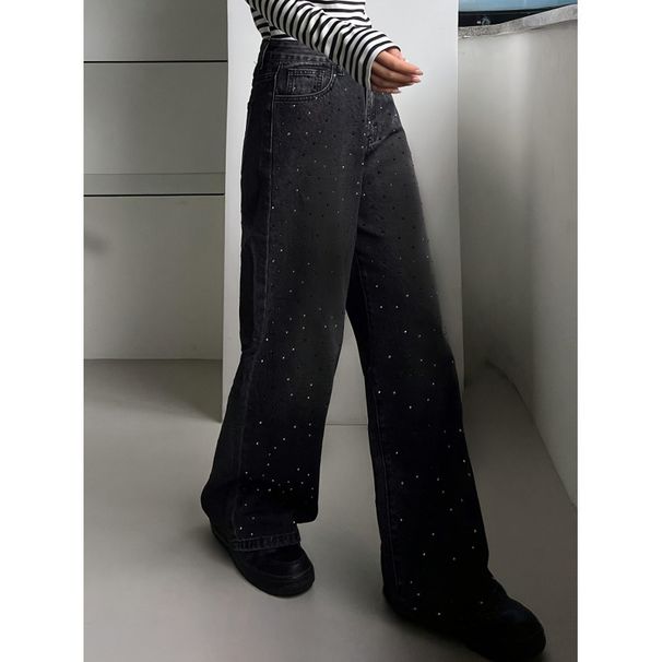 Women's High-Waisted Rhinestone Jeans Black Slimming Wide Leg Pants 25AW Style Washed Denim for Export Wholesale_mkmklike.com