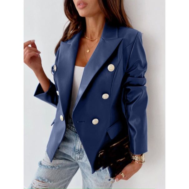 Women's Clothing new style long sleeved double breasted fashionable PU leather suit small jacket_mkmklike.com