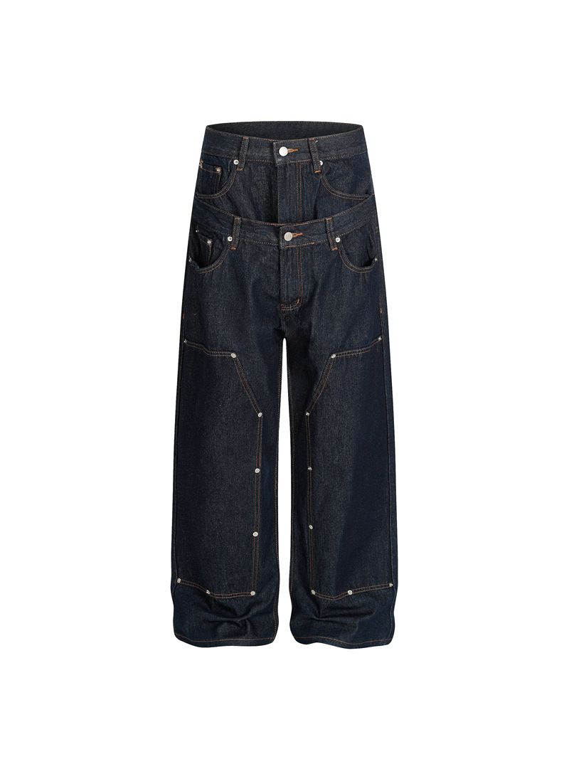 Men's Style Double Waistband Rivet Indigo Blue Textured Denim A-Line Relaxed Straight Leg Long Pants_mkmklike.com
