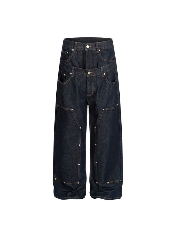 Men's Style Double Waistband Rivet Indigo Blue Textured Denim A-Line Relaxed Straight Leg Long Pants_mkmklike.com