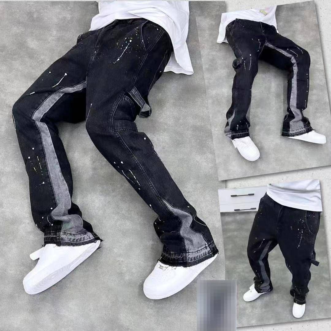 Men's High Street Splatter Wash Flared Jeans Retro Loose Straight Fit Casual Long Pants_mkmklike.com