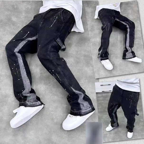 Men's High Street Splatter Wash Flared Jeans Retro Loose Straight Fit Casual Long Pants_mkmklike.com