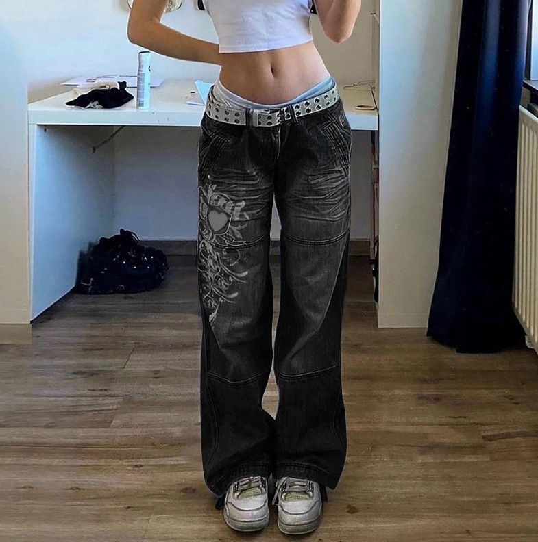 Women's Clothing Streetwear Distressed Print Jeans For Men & Women – Vintage Washed Denim Pants With Irregular Patterns, Mid-Rise Straight Leg_mkmklike.com
