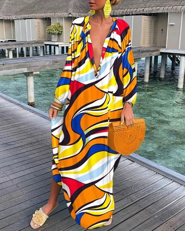 Women's printed pullover long sleeve long skirt V-neck swing loose dress_mkmklike.com