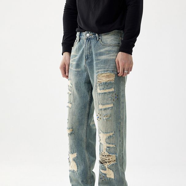 Men's Clothing Beaded Personalized High Street Ripped Washed Patch Jeans Men's Straight Loose Street Trousers Men_mkmklike.com