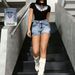 Retro High-Waisted Distressed Denim Shorts for Women Heavy Embroidery Slimming Fit Versatile Bodycon Hot Pants Frayed Edges_mkmklike.com