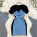 Women's Clothing Retro Style Round Neck Short-sleeved Denim Stitching Slimming Short Hip-covering Dress_mkmklike.com