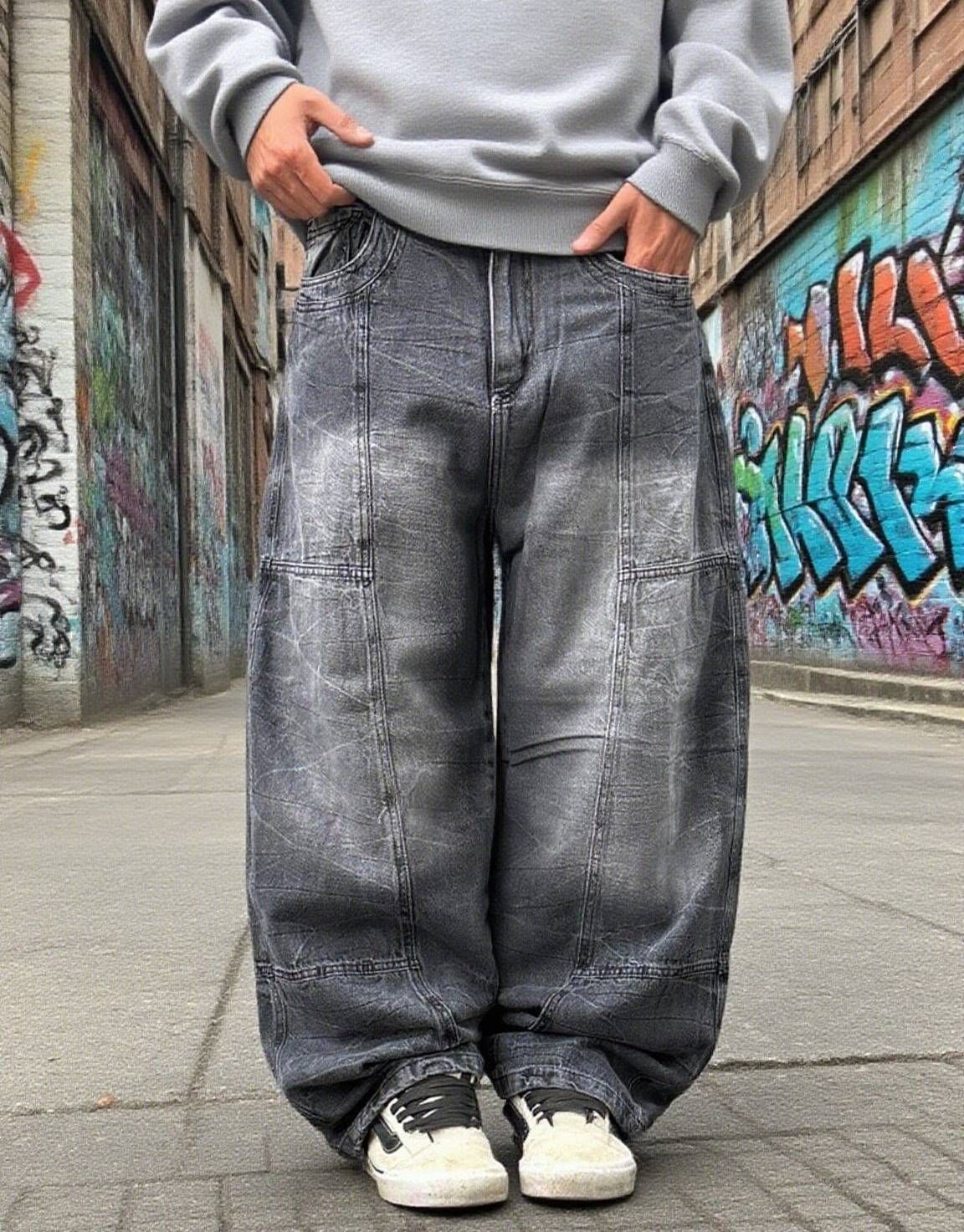 Men's Wide-Leg Distressed Denim Jeans - High Waist Vintage Washed Cotton Pants, Streetwear Baggy Fit With Multi-Pockets For Urban Style (S-XL)_mkmklike.com