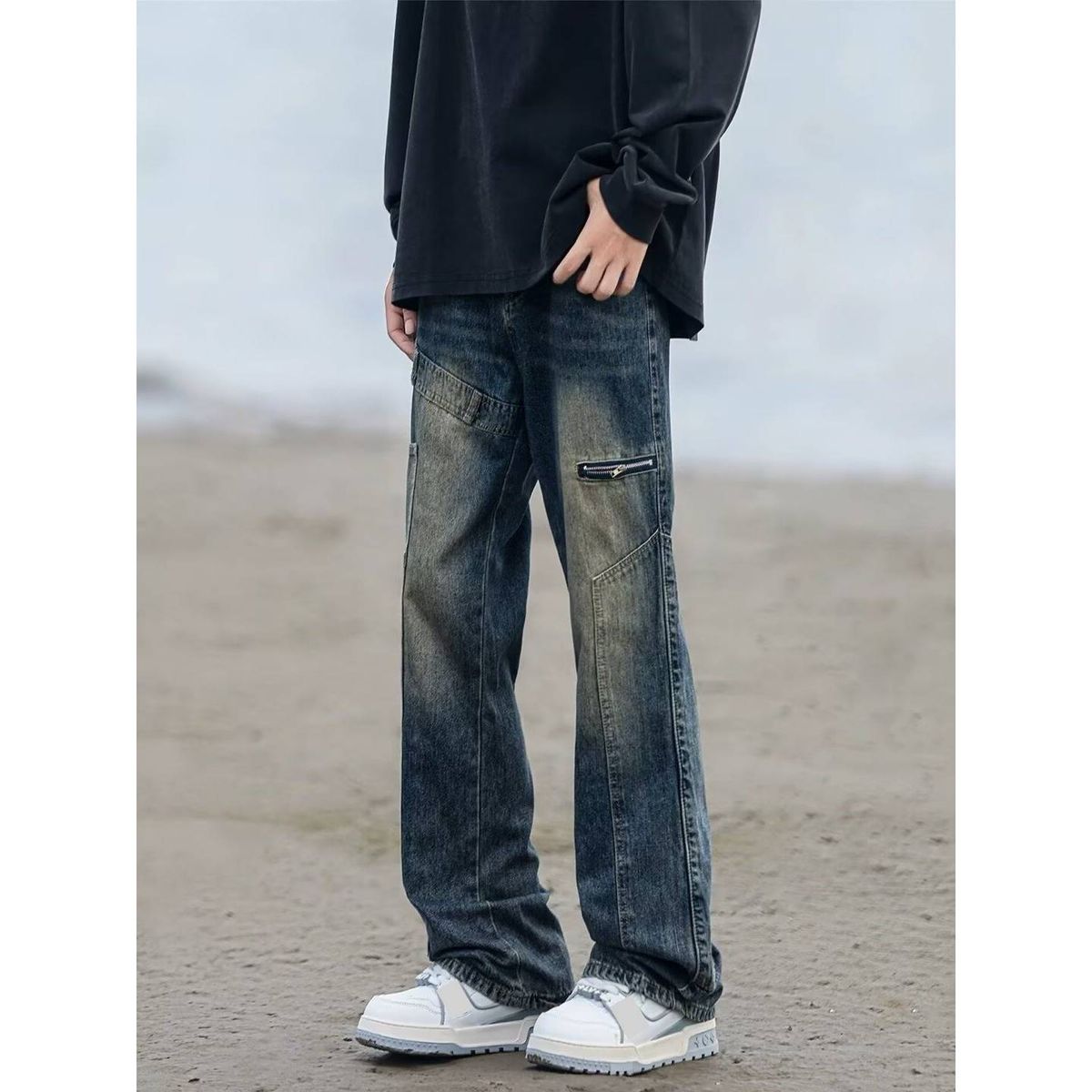 Men's Cargo Jeans – Vintage Washed Utility Pants With Multi-Pockets & Relaxed Fit_mkmklike.com