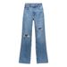 Women's Clothing Versatile Ripped Blue Wide Leg Jeans High Waist Distressed Blue Wide Leg Jeans - Stretch Denim Casual Trousers For Comfort & Style_mkmklike.com