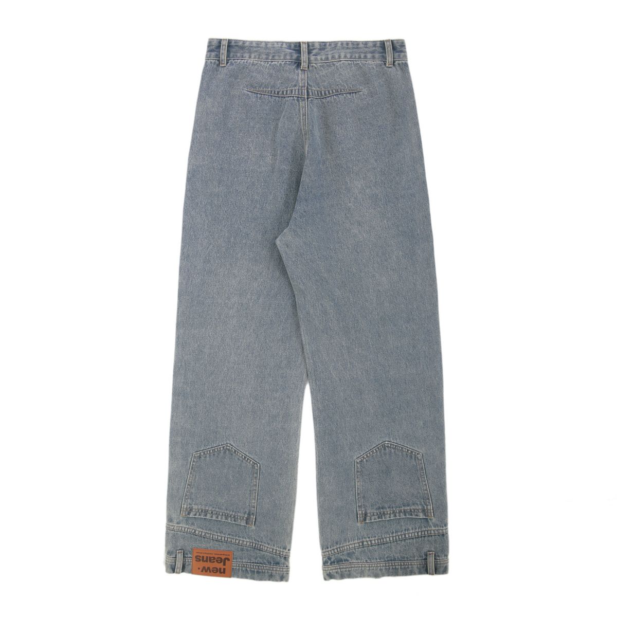 Unisex Retro Reverse-Fit Jeans – Vintage Wash & Deconstructed Streetwear Design (Classic Blue)_mkmklike.com