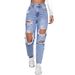 Women's Clothing Trendy Washed Ripped High Waist Straight Trousers_mkmklike.com