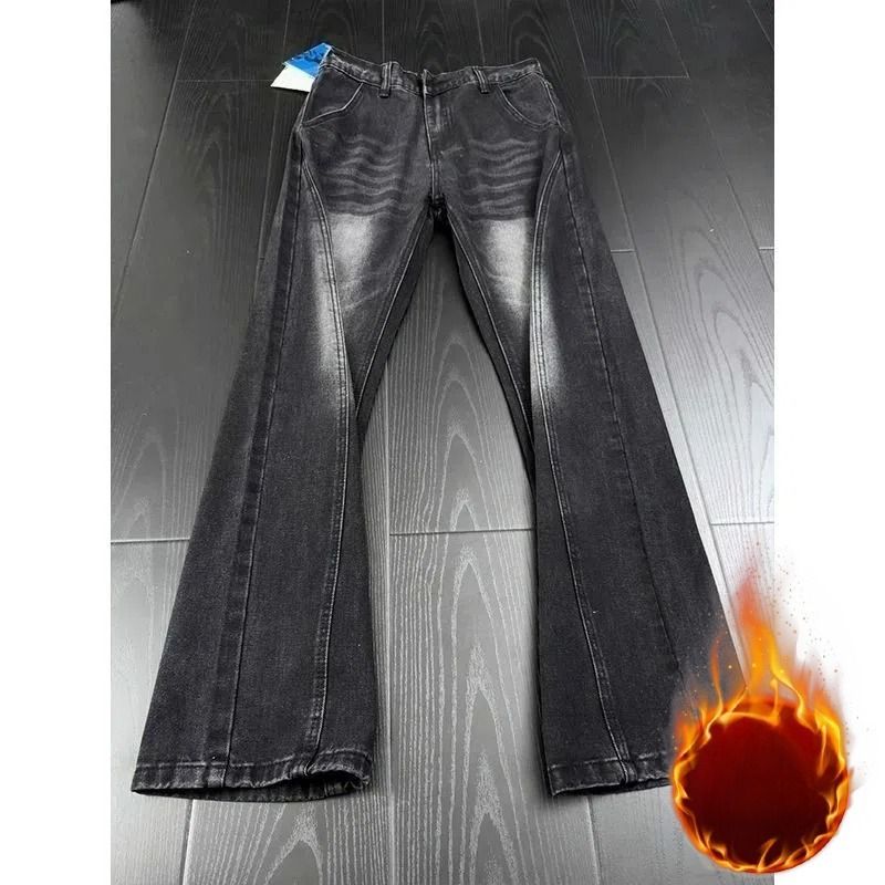 Vintage American Flare Jeans – Retro Blue Washed Denim Pants With Flared Hem & Fleece Lining (Men’s, Straight Fit, Winter Warmth)_mkmklike.com