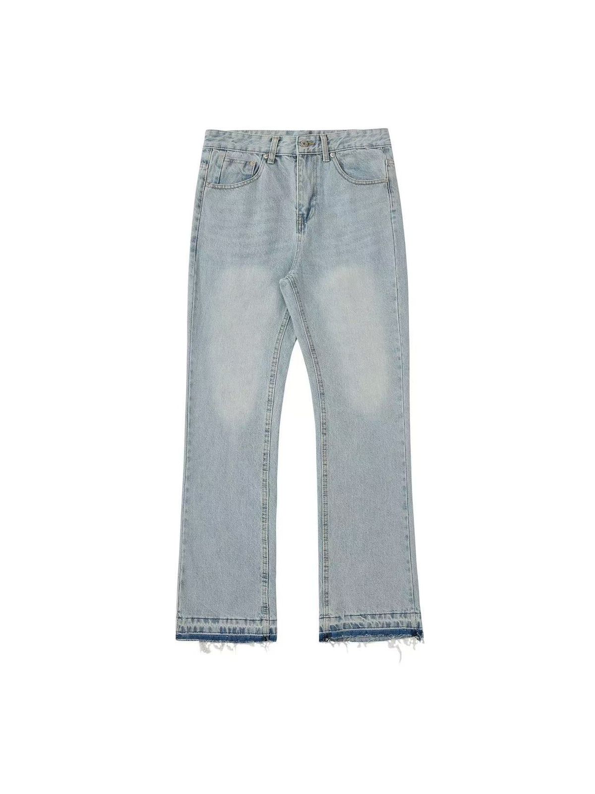 Blue Fringe Bootcut Jeans – American Cleanfit Vintage Washed Denim With Distressed Hem & Raw Edge Details_mkmklike.com